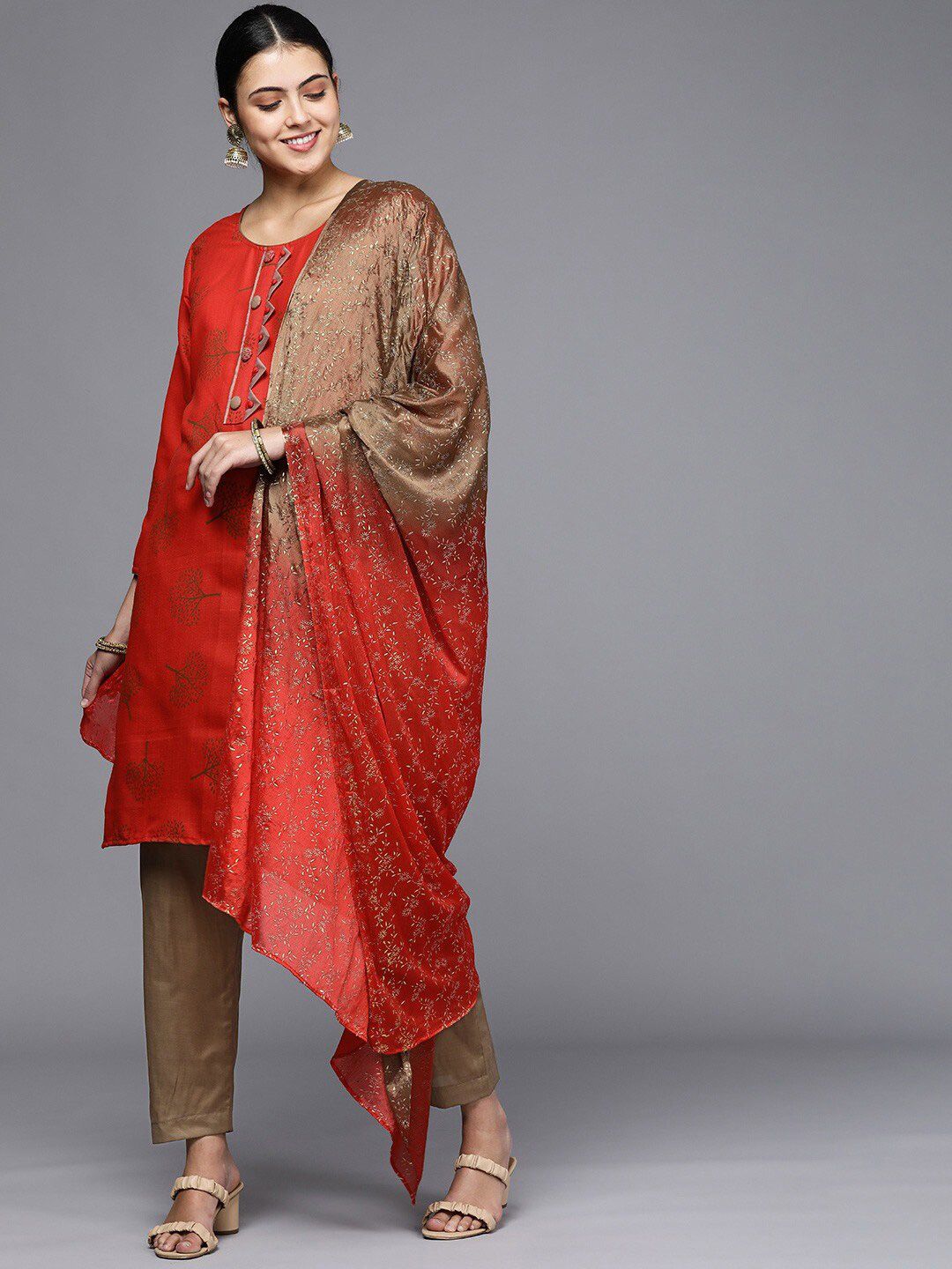 KALINI Red & Brown Printed Unstitched Dress Material Price in India