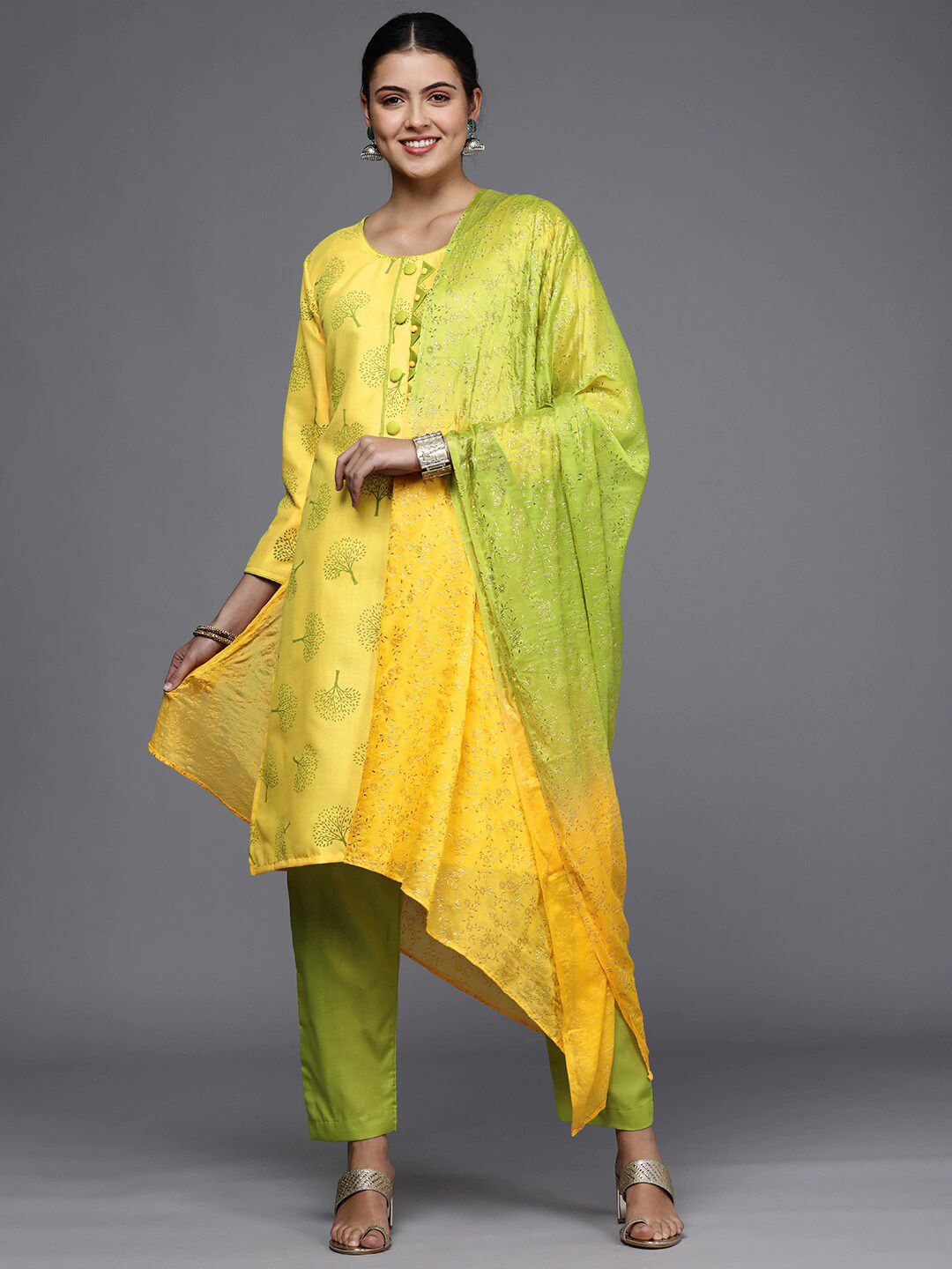 KALINI Yellow & Green Printed Unstitched Dress Material Price in India