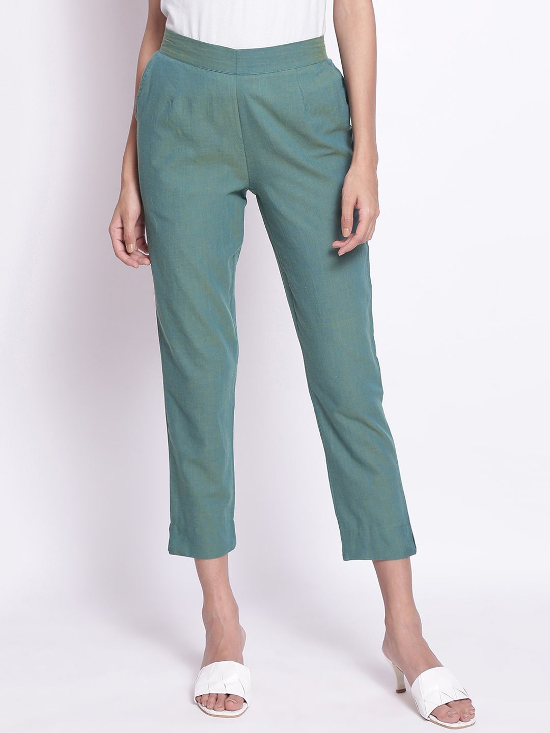 elleven Women Green Solid Trousers Price in India