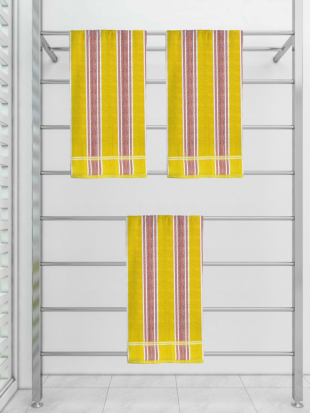 Athom Trendz Set Of 3 Yellow & Red Striped Cotton 300 GSM Bath Towel Price in India