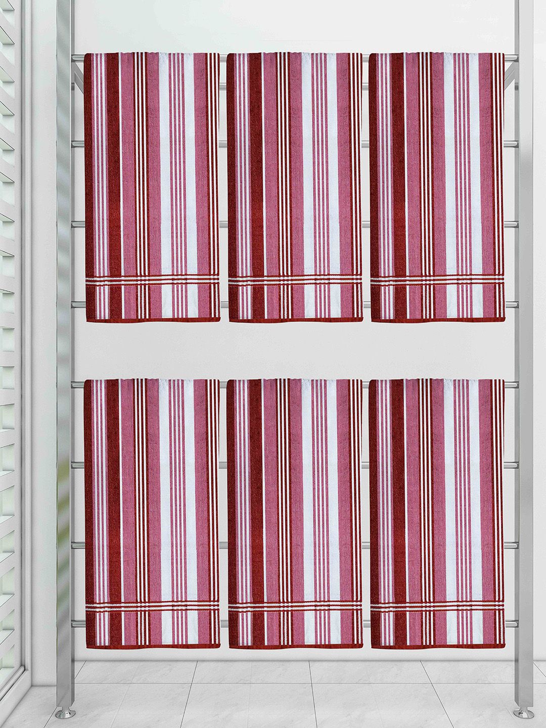 Athom Trendz Set Of 6 Maroon & White Striped Cotton 300 GSM Towel Set Price in India
