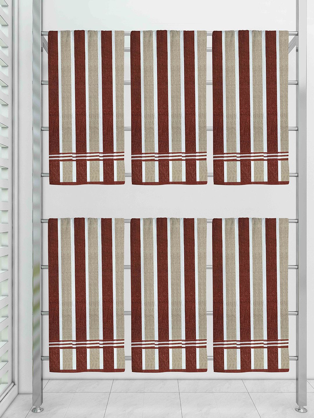 Athom Trendz Maroon & Beige Striped Pure Cotton Pack Of 6 Towel Set Price in India