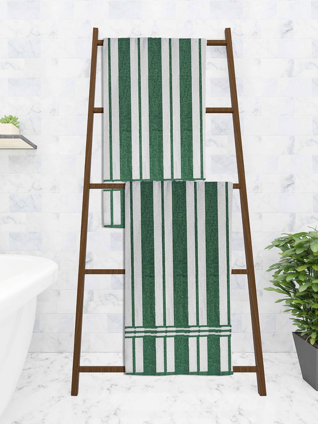 Athom Trendz Set Of 2 Green Striped 300 GSM Cotton Bath Towels Price in India