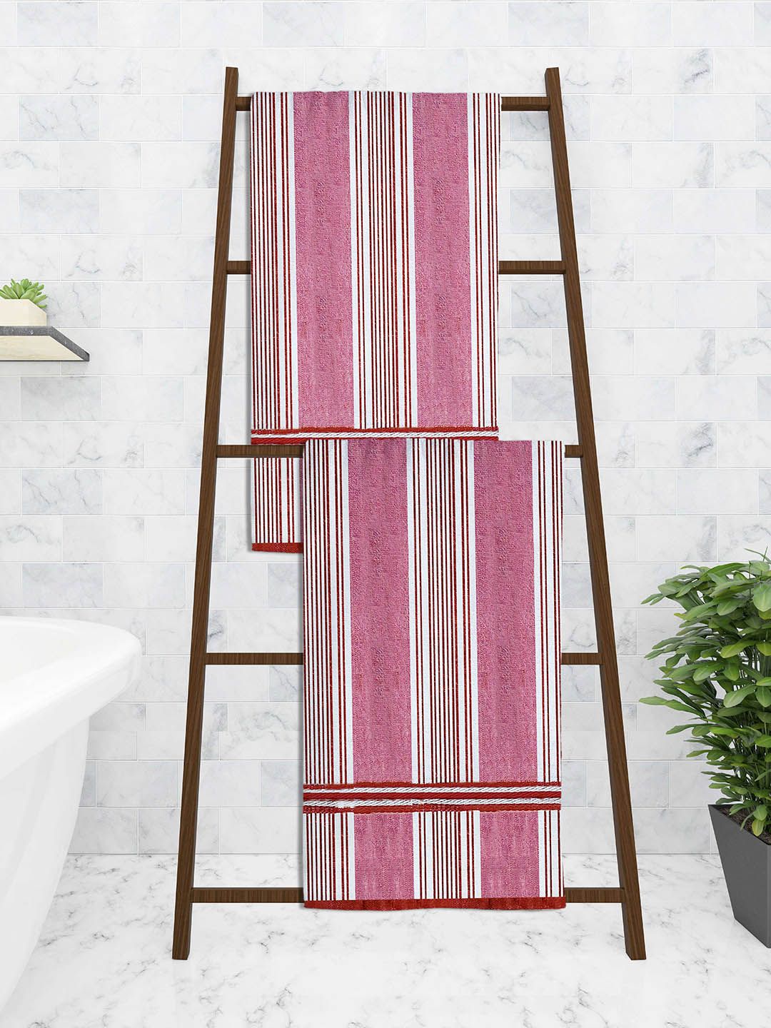 Athom Trendz Pack Of 2 Pink Ecosaviour Striped 300 GSM Cotton Bath Towels Price in India