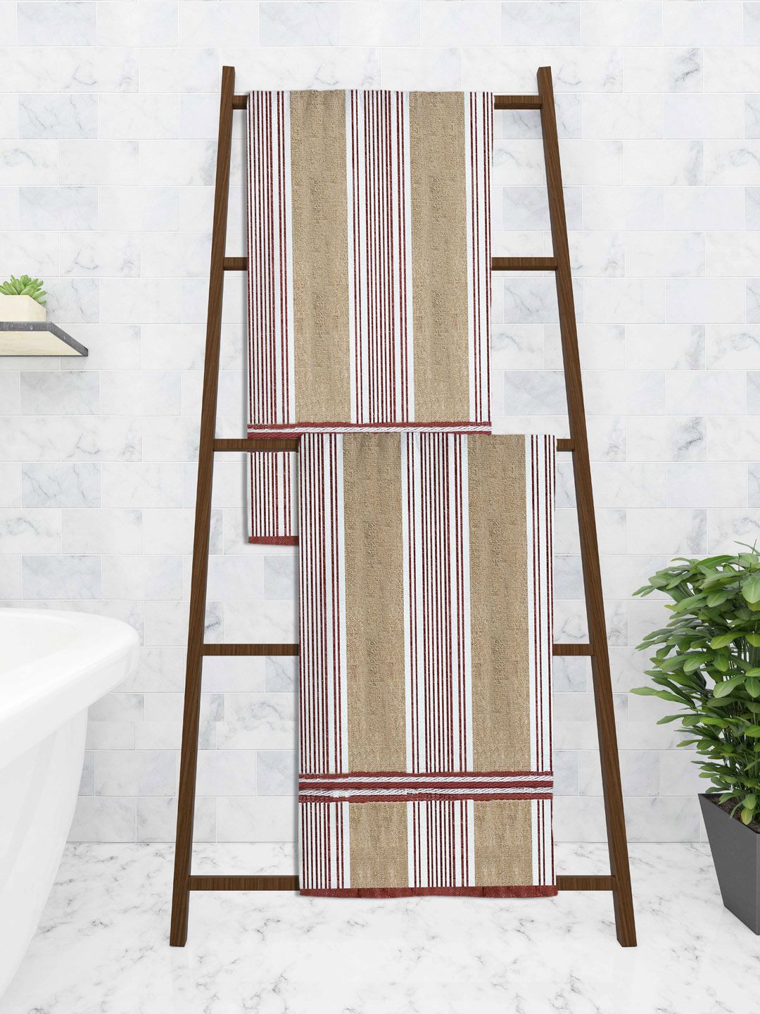 Athom Trendz Set Of 2 Brown Striped 300 GSM Pure Cotton Bath Towels Price in India