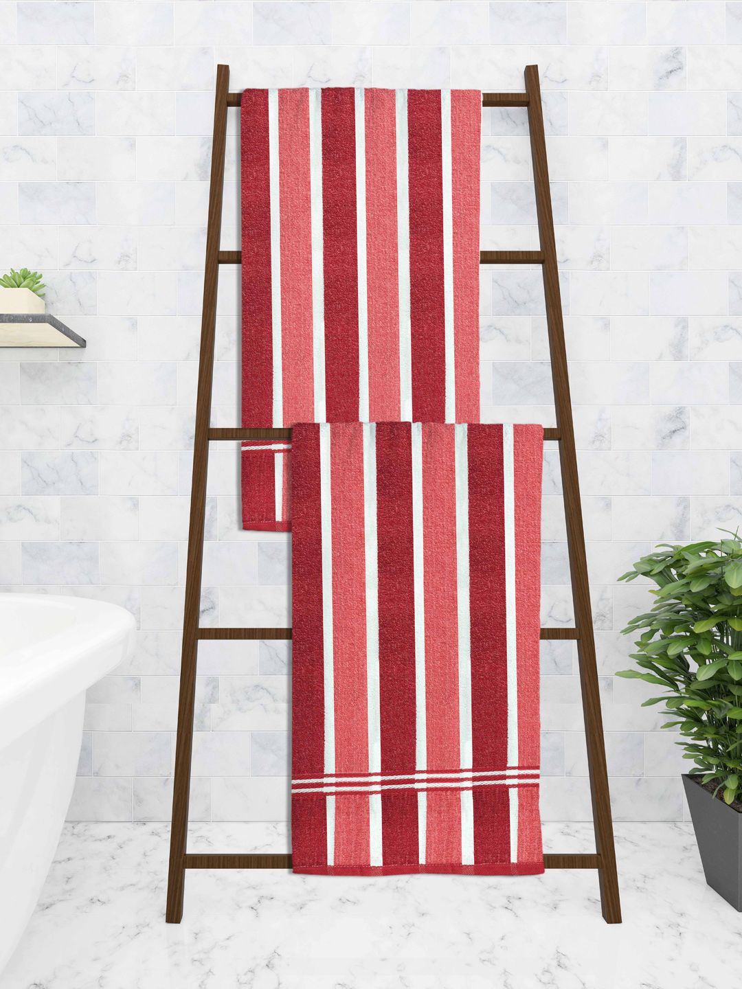 Athom Trendz Unisex Red & White Pack Of 2 Striped 300 GSM Pure Cotton Ecosaviour Towel Price in India