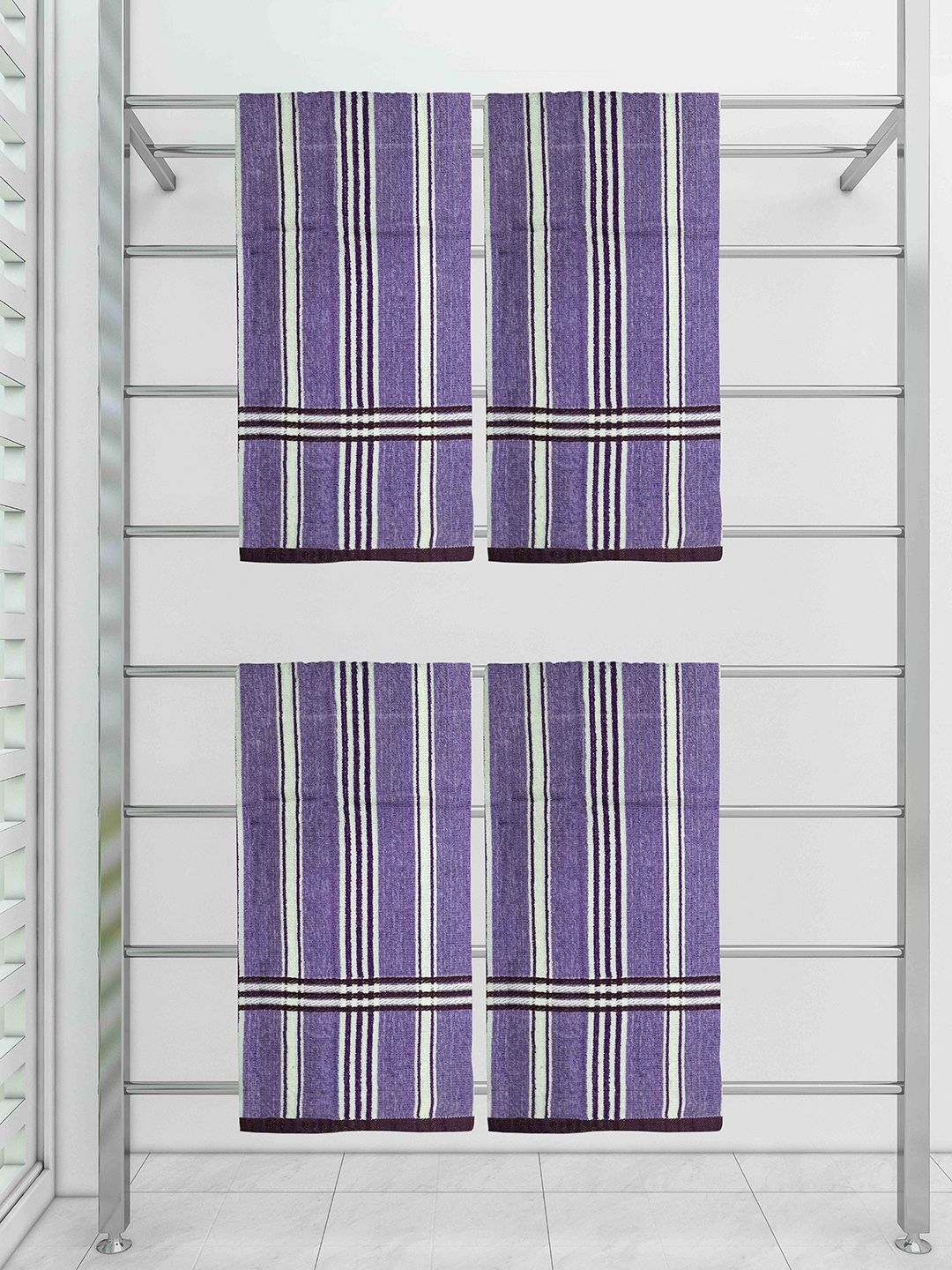 Athom Trendz Set of 4 Purple & White Striped Cotton  Towel Set Price in India