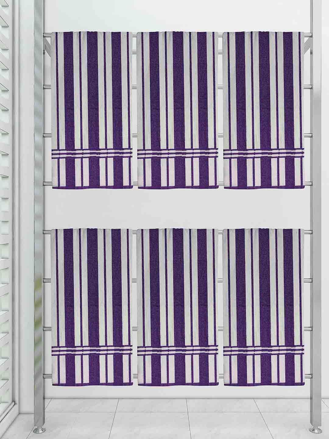 Athom Trendz Set Of 6 Purple & White Striped Cotton 300 GSM Bath Towels Price in India