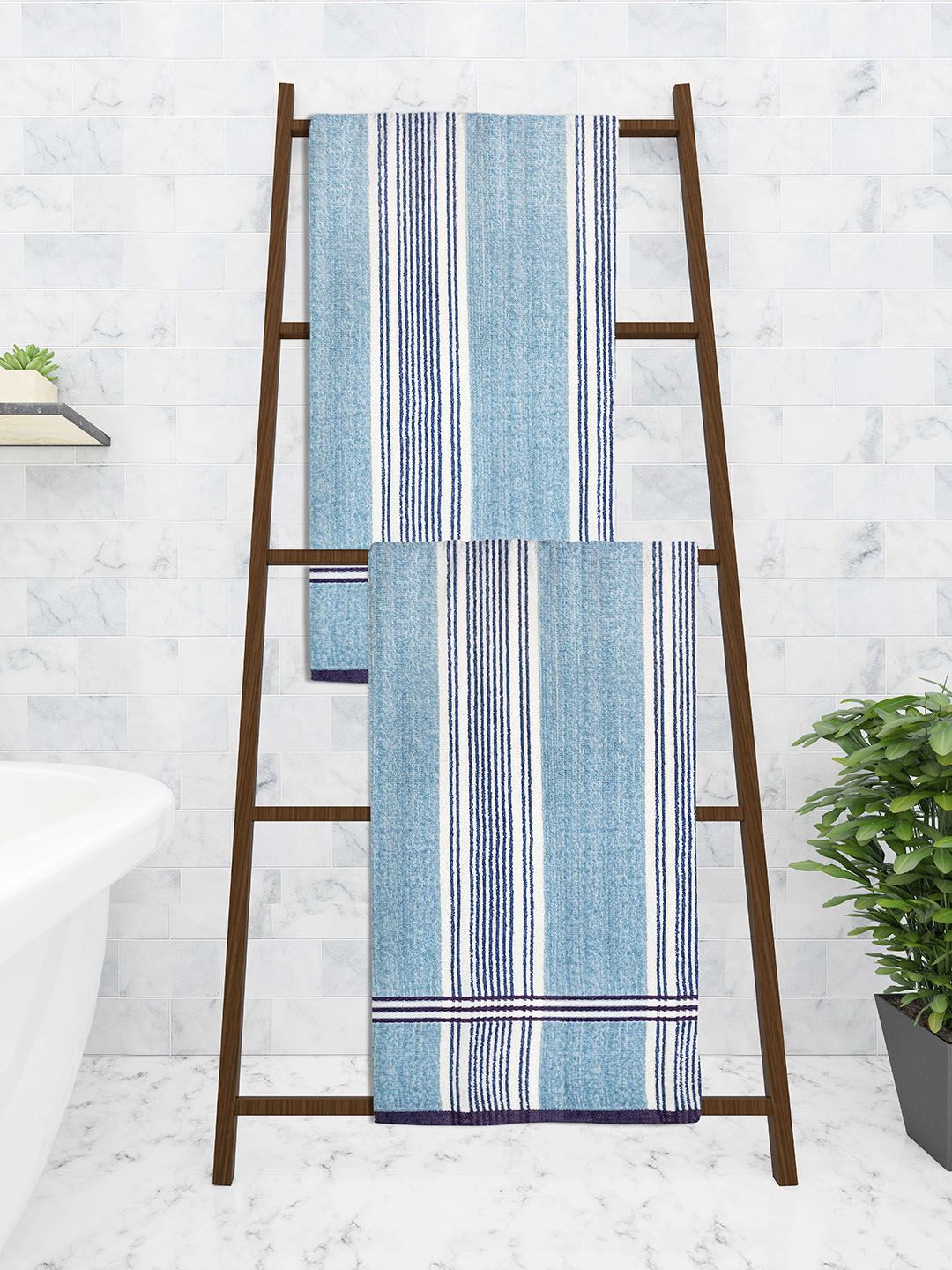 Athom Trendz Set Of 2 Blue & White Striped Cotton 300 GSM Towel Set Price in India