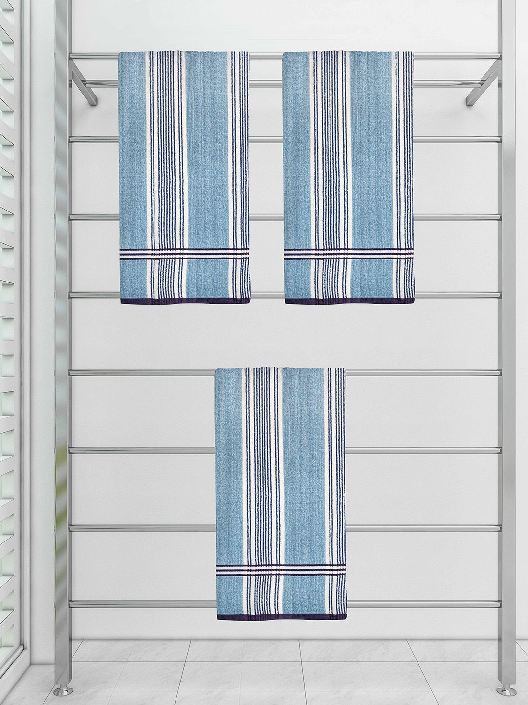 Athom Trendz Blue Set Of 3 Blue Striped 300 GSM Cotton Bath Towels Price in India
