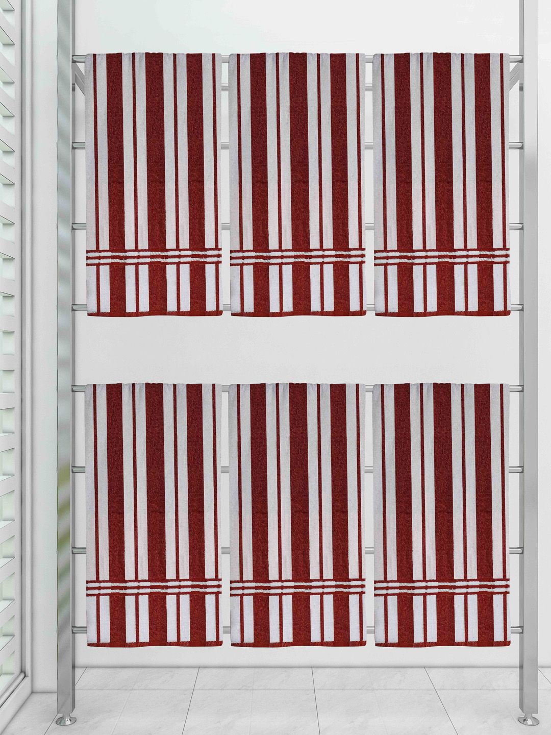 Athom Trendz Set Of 6 Maroon & White Striped Cotton 300 GSM Bath Towels Price in India