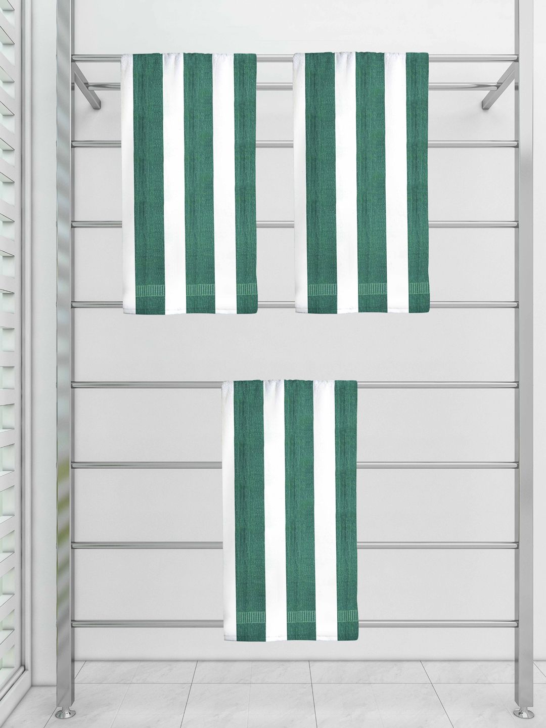 Athom Trendz Set Of 3 Green Striped 300 GSM Cotton Bath Towels Price in India