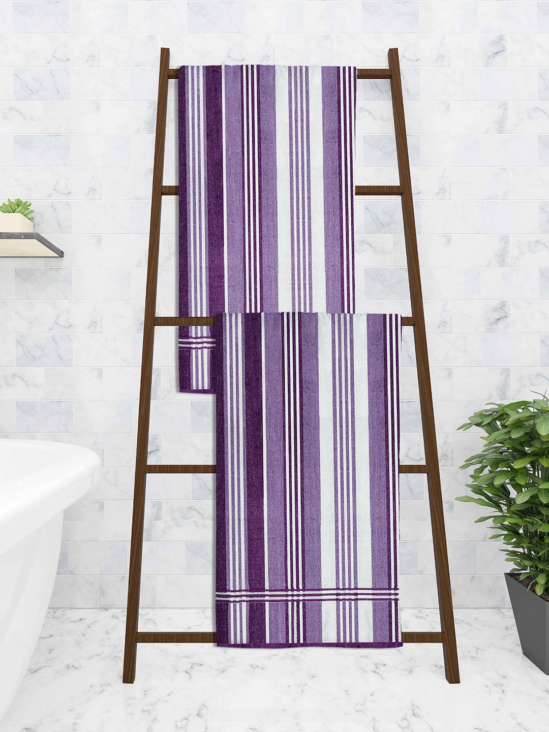 Athom Trendz Set of 2 Violet & White  Ecosaviour Striped Pure Cotton Bath Towel Price in India