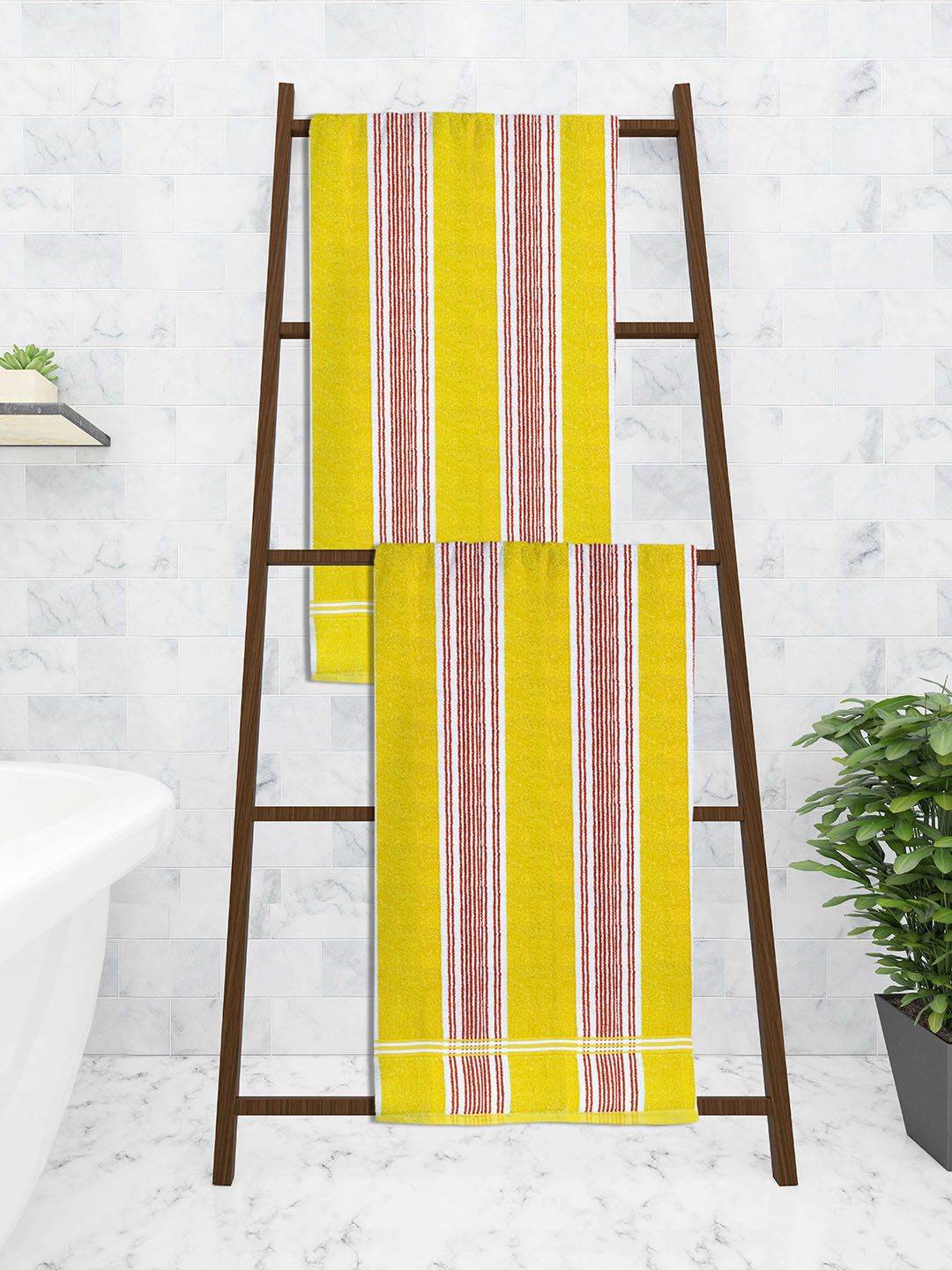 Athom Trendz Set Of 2 Yellow Striped 300 GSM Cotton Bath Towels Price in India