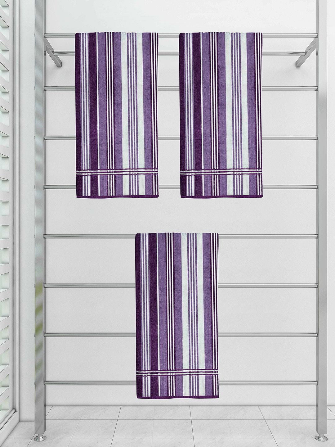 Athom Trendz Set of 3 White & Purple Striped Cotton Bath Towel Price in India