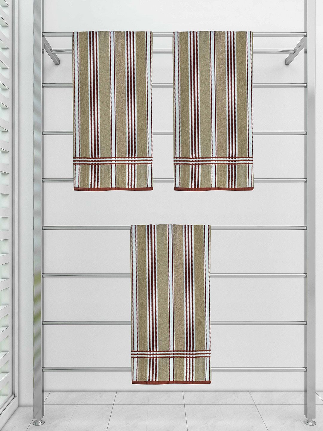 Athom Trendz Unisex Beige Pack Of 3 Beige Ecosaviour Striped 300 GSM Cotton Bath Towels