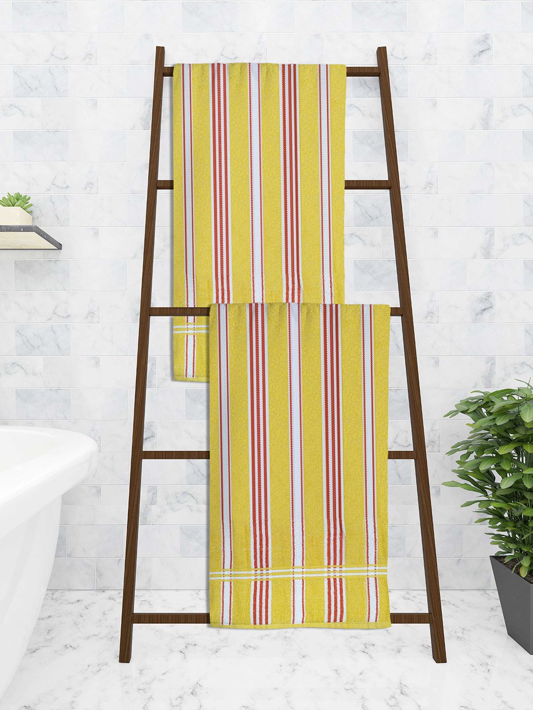 Athom Trendz Yellow Striped Pure Cotton Towel Set Pack Of 5 Price in India