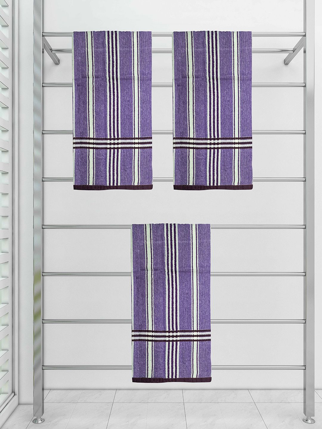 Athom Trendz Set Of 3 Purple Striped 300 GSM Cotton Bath Towels Price in India