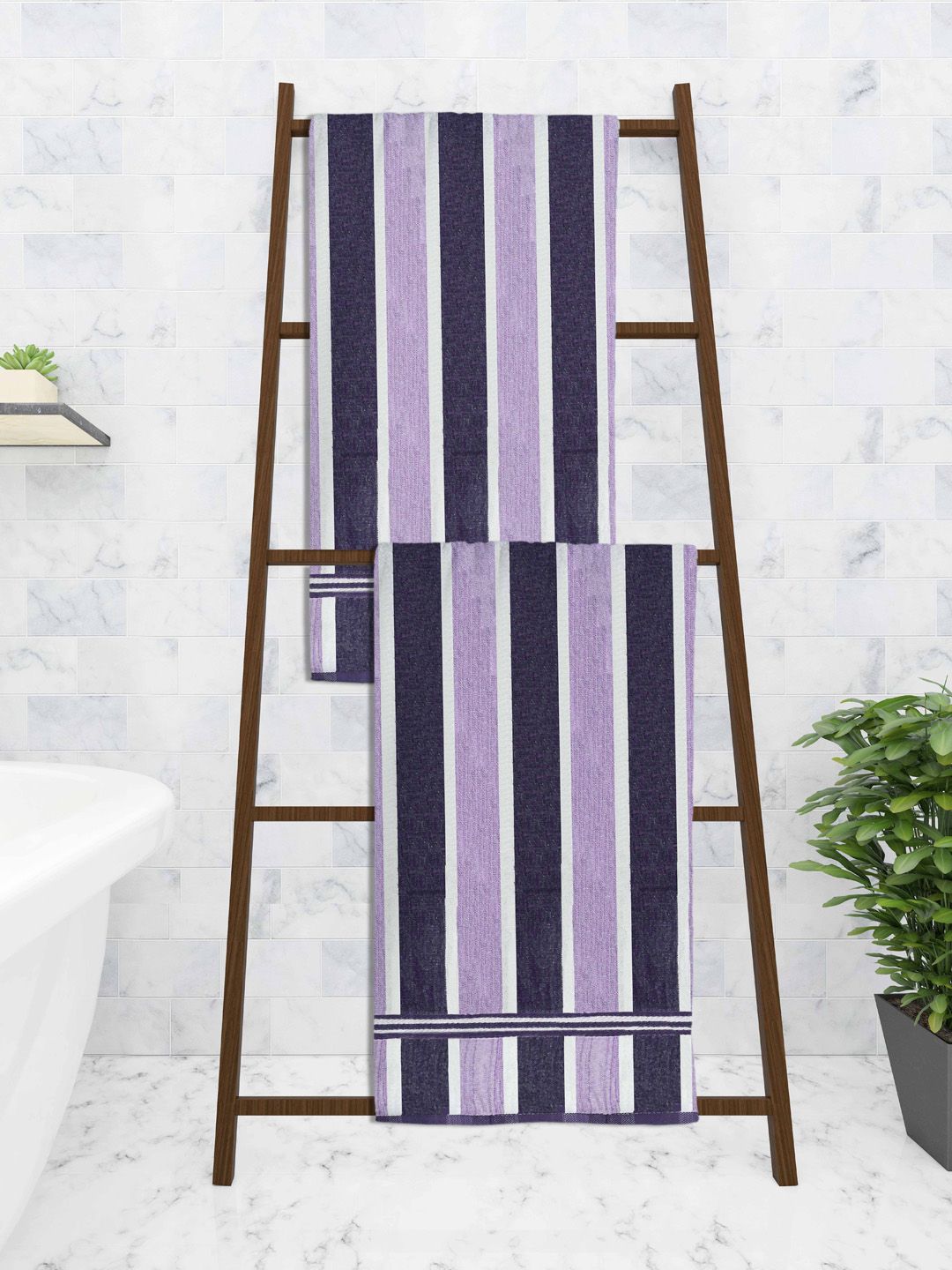 Athom Trendz Set of 2 Purple & Blue Striped Cotton  Towel Set Price in India