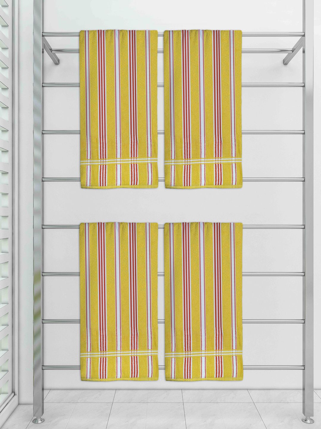 Athom Trendz Set of 4 Yellow Striped 300 GSM Cotton Bath Towel Price in India