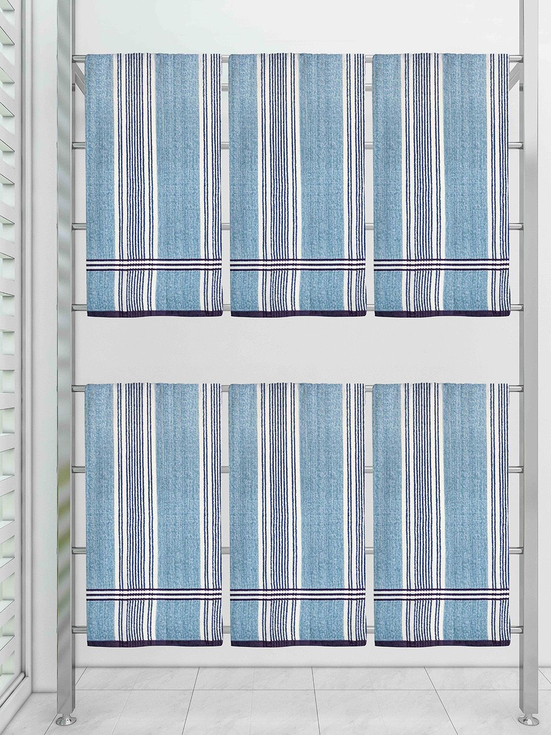 Athom Trendz Pack of 6 Ecosaviour White & Blue Striped 300 GSM Cotton Bath Towel Price in India