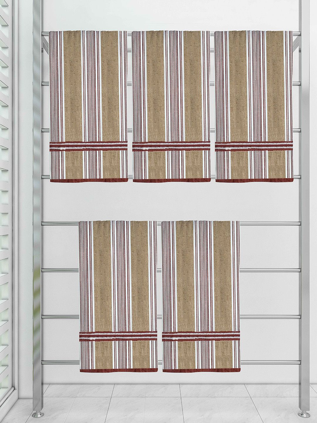 Athom Trendz Pack of 5 Beige  Striped Cotton Bath Towel