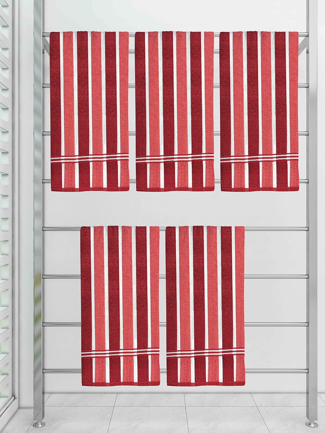 Athom Trendz Set Of 5 Red Striped 300 GSM Cotton Bath Towels Price in India