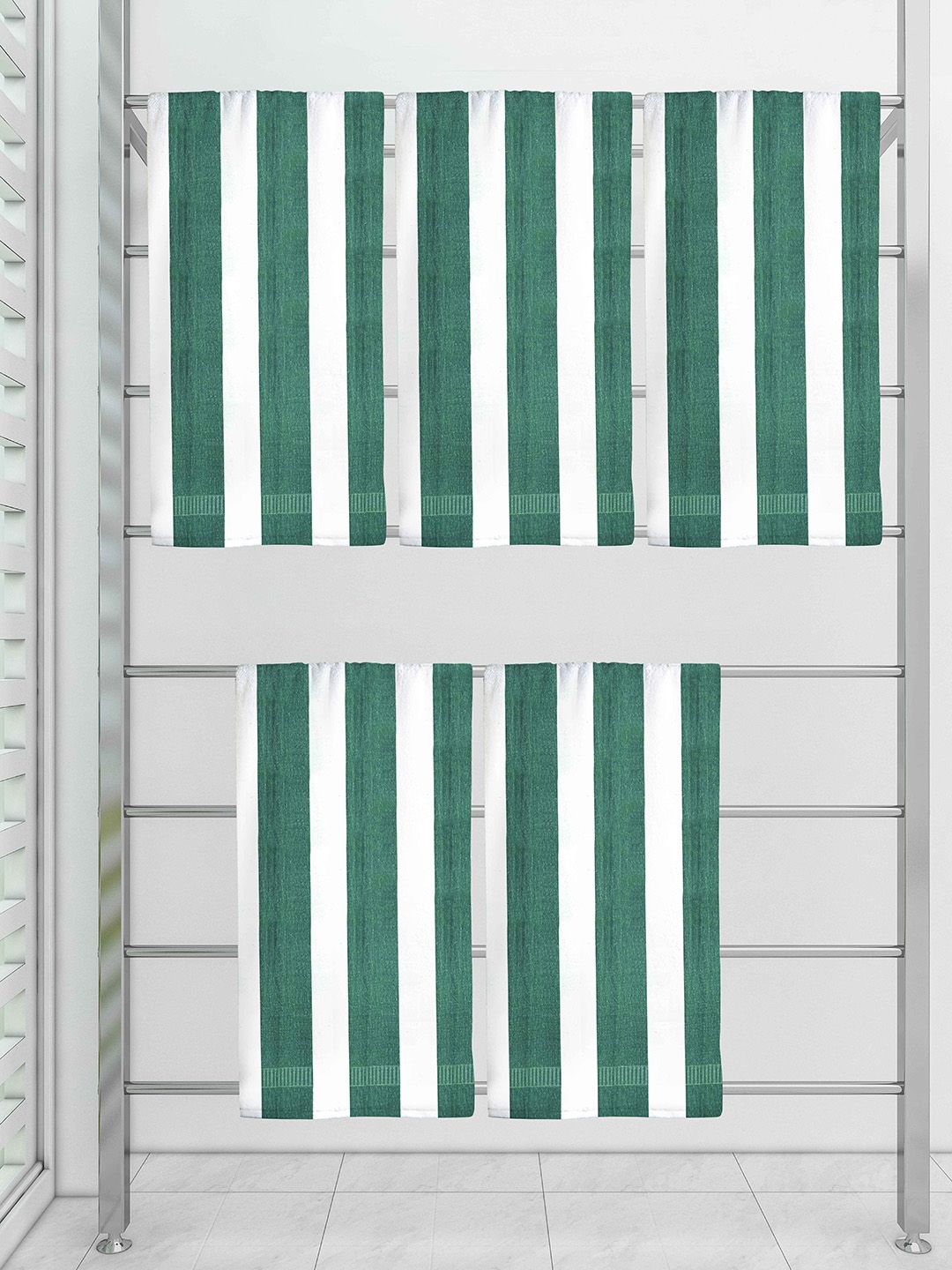 Athom Trendz Set Of 5 Green & White Striped 300 GSM Cotton Bath Towels Price in India