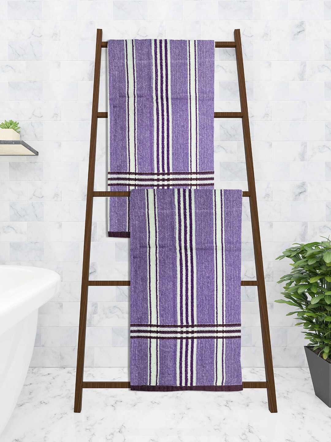 Athom Trendz Pack Of 2 Purple Ecosaviour Striped 300 GSM Cotton Bath Towels Price in India
