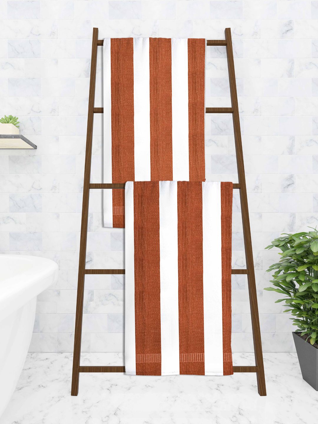 Athom Trendz Set Of 2 Brown Striped 300 GSM Cotton Bath Towels Price in India