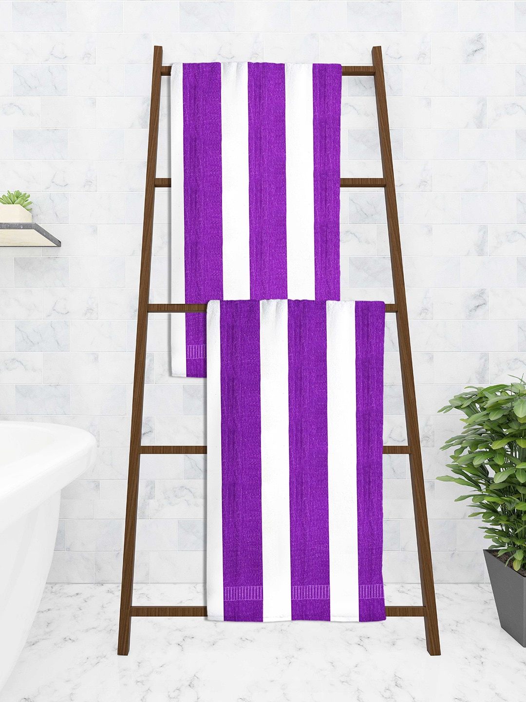 Athom Trendz Purple Pack Of 2 Ecosaviour 300 GSM Striped Cotton Bath Towels Price in India