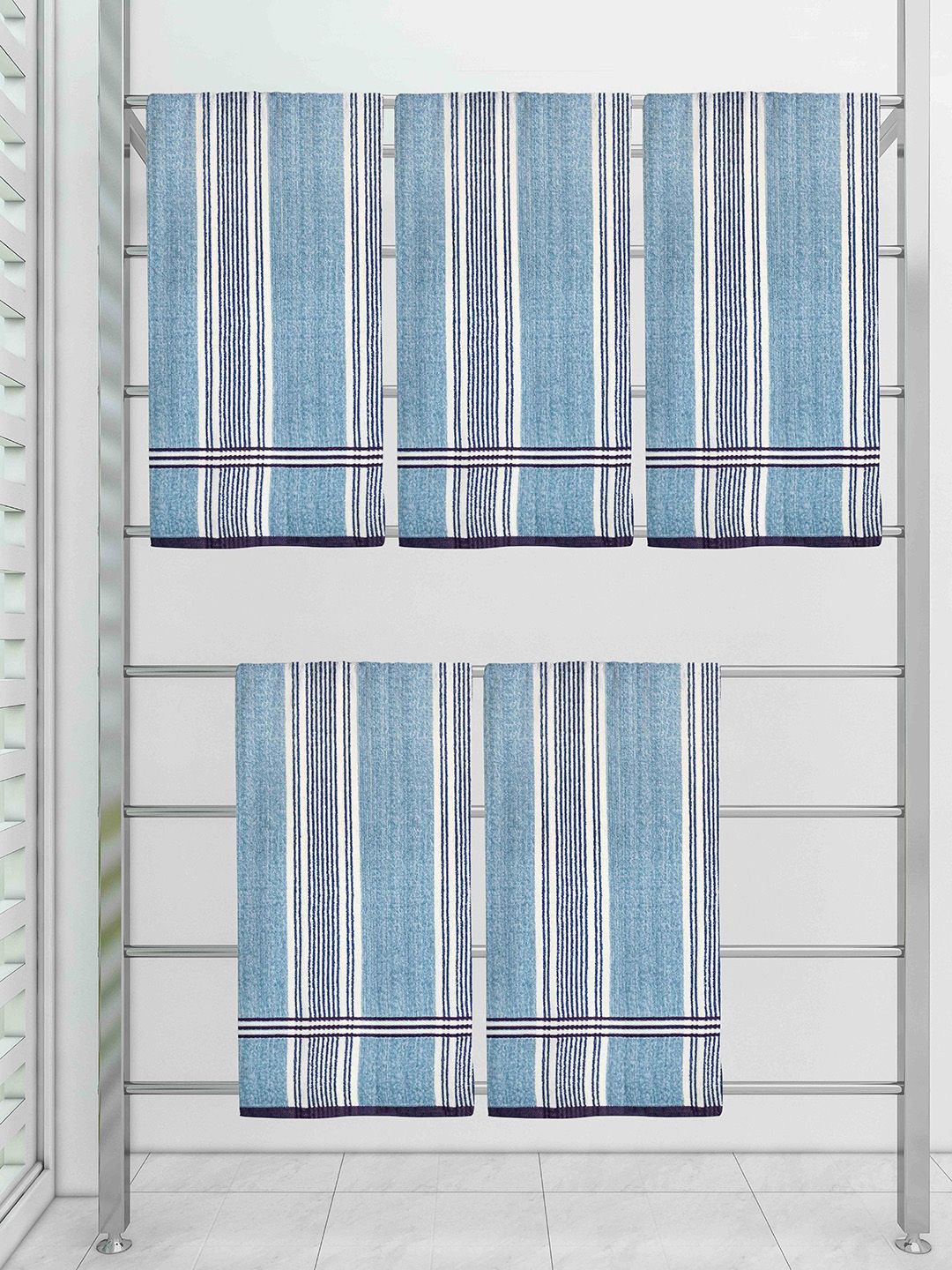 Athom Trendz Set of 5 Blue & White Ecosaviour Striped Cotton Bath Towel Price in India
