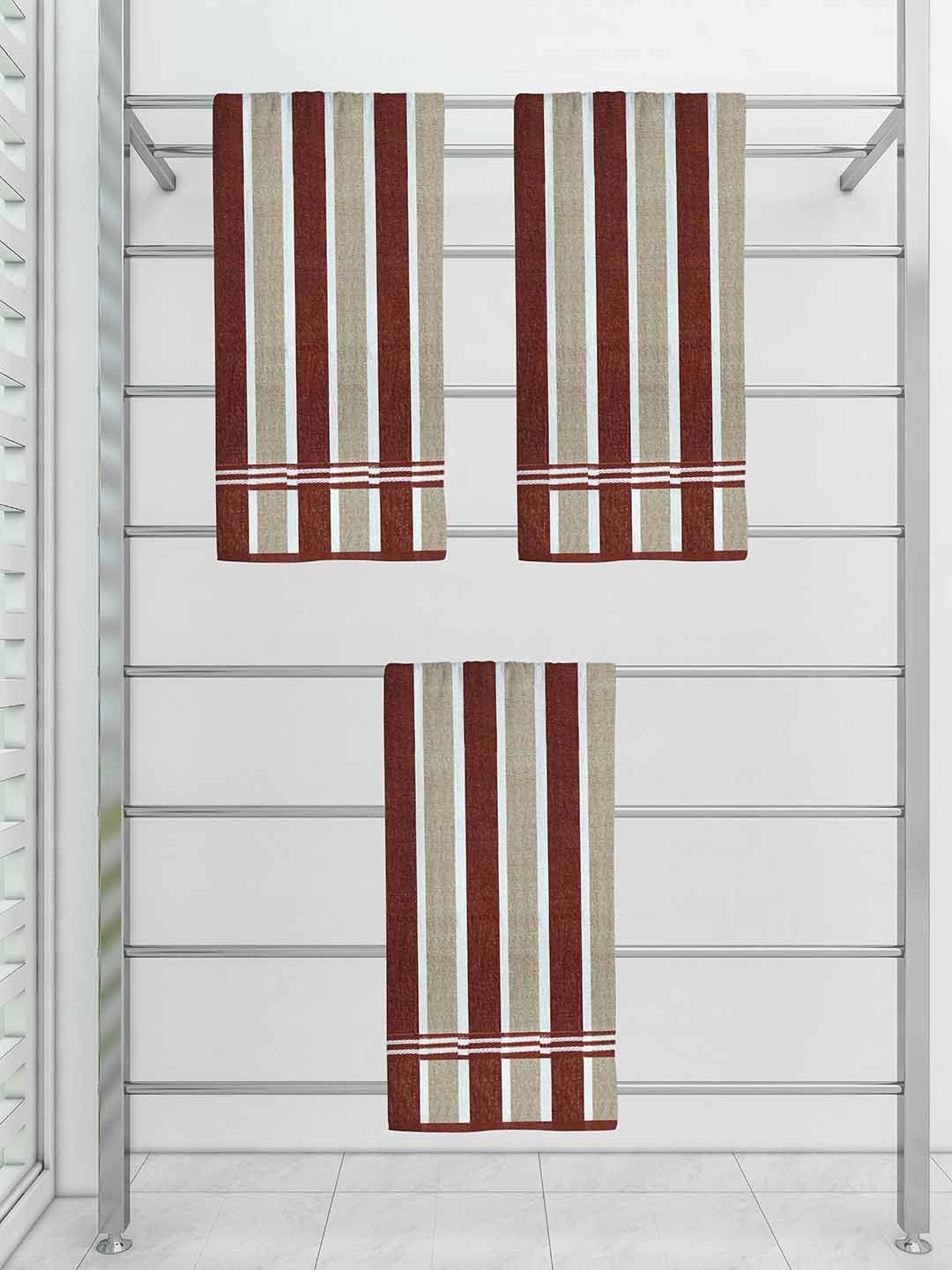 Athom Trendz Set of 3 Beige & Brown Striped Cotton Bath Towel Price in India