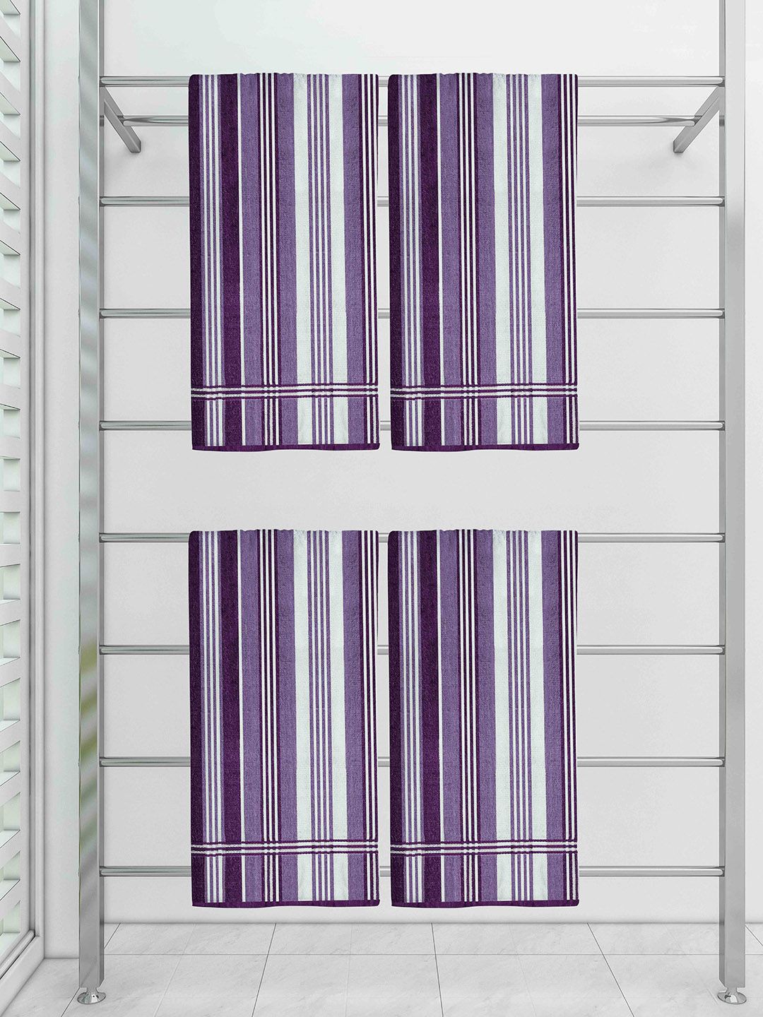 Athom Trendz Pack Of 4 Purple 300 GSM Striped Ecosaviour Cotton Bath Towels Price in India