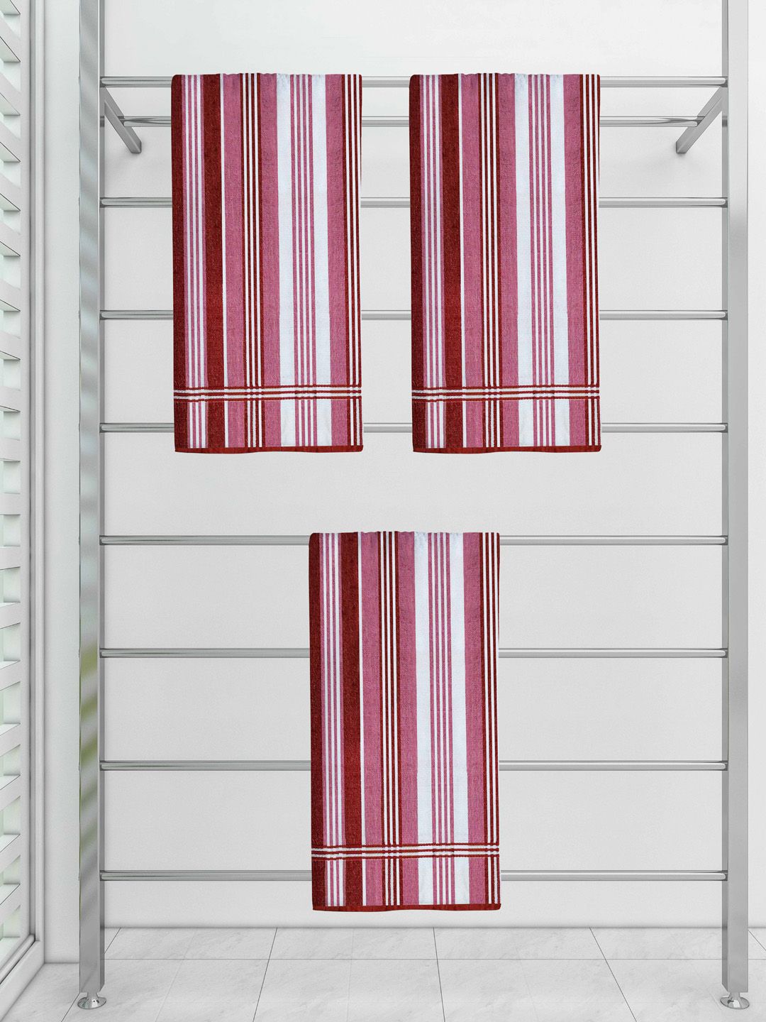 Athom Trendz Maroon & White Pack Of 3 Striped 300 GSM Pure Cotton Bath Towel Price in India