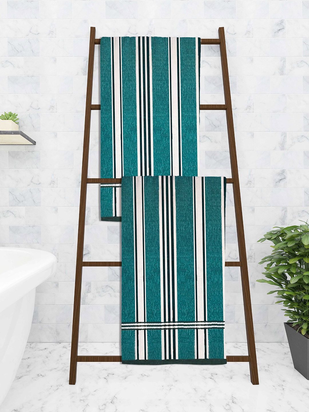 Athom Trendz Set of 2 Green & White Striped Cotton Towel Set Price in India