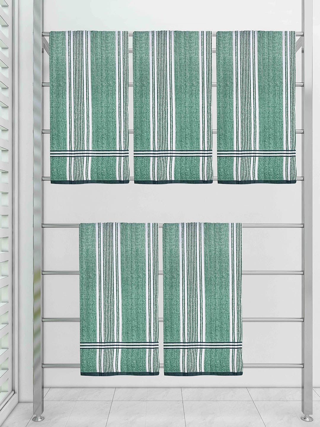 Athom Trendz Set Of 5 Green & White Striped Cotton 300 GSM Towel Set Price in India