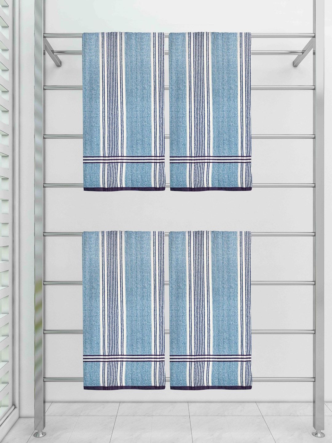 Athom Trendz Adults Unisex Pack of 4 Blue 300 GSM Striped Cotton Bath Towels Price in India