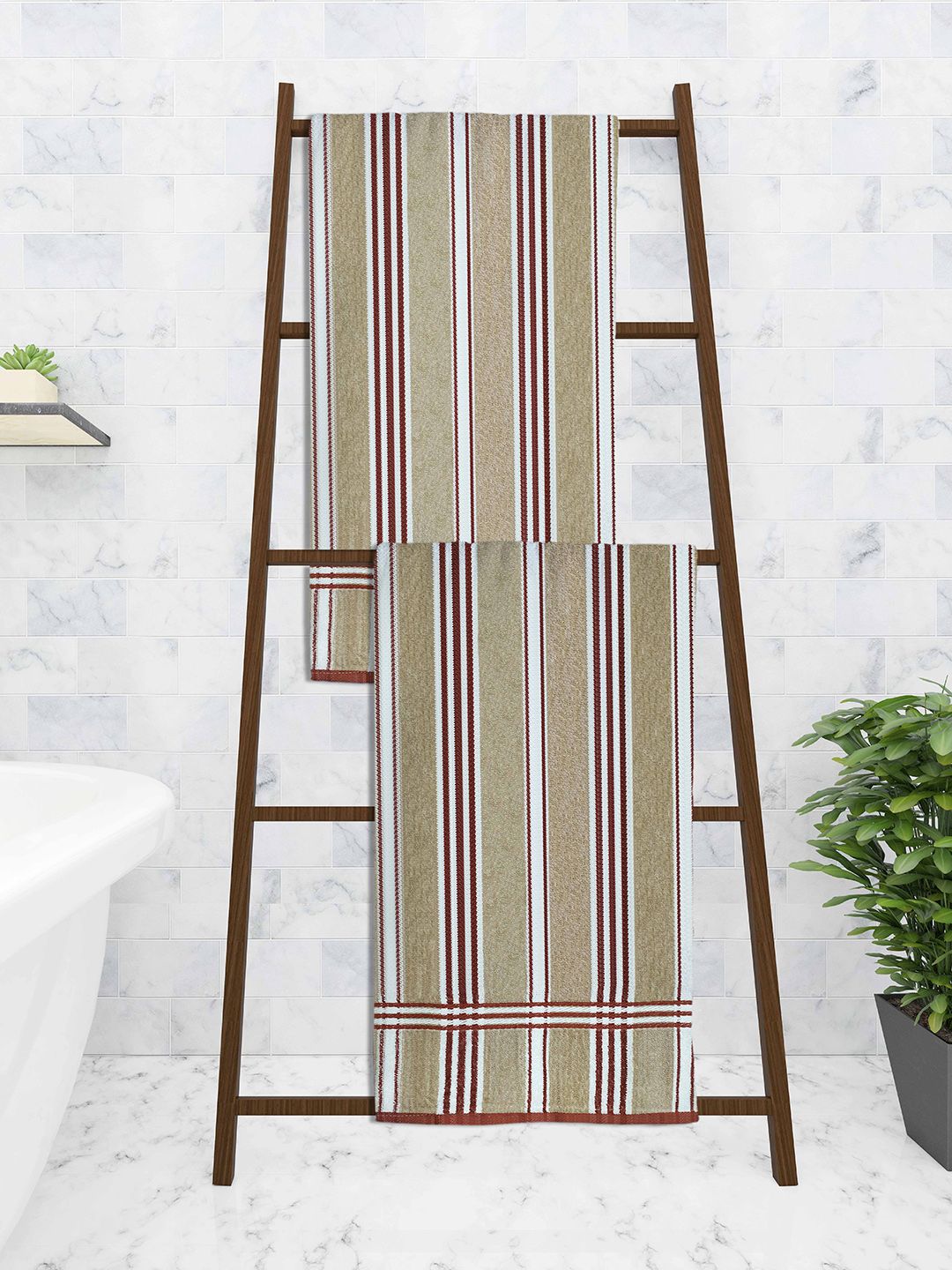 Athom Trendz Set of 2 Multicoloured Ecosaviour Striped Cotton Bath Towel Price in India