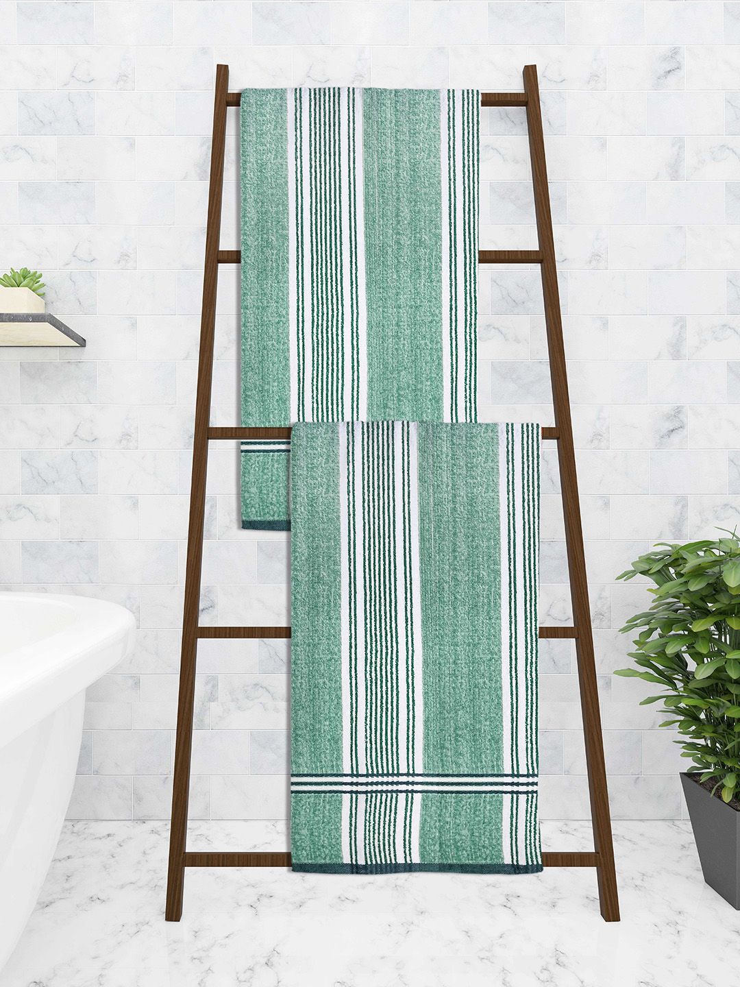 Athom Trendz Set Of 2 Green Striped 300 GSM Cotton Bath Towels Price in India