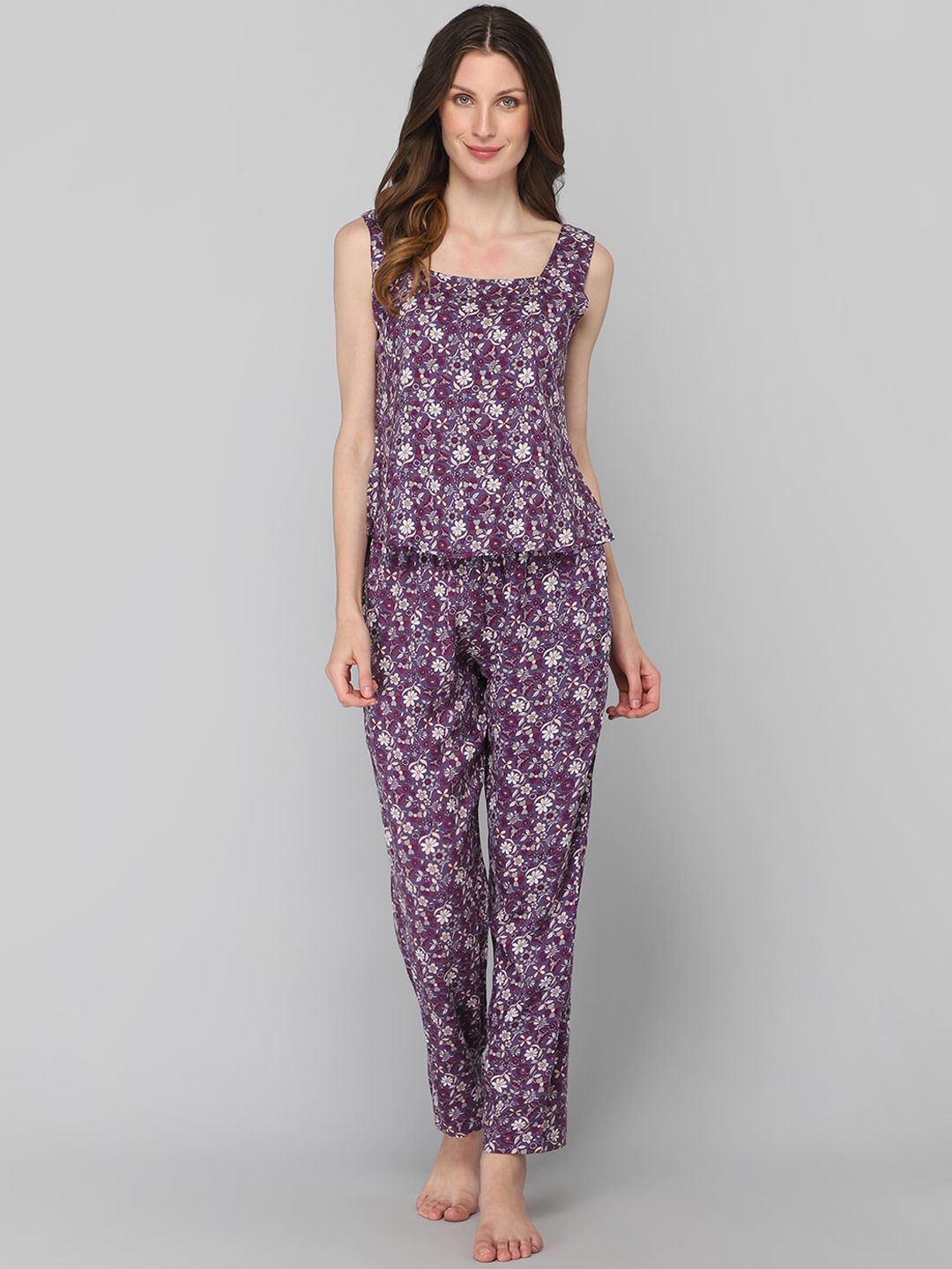 DRAPE IN VOGUE Women Purple & White Printed Night suit Price in India