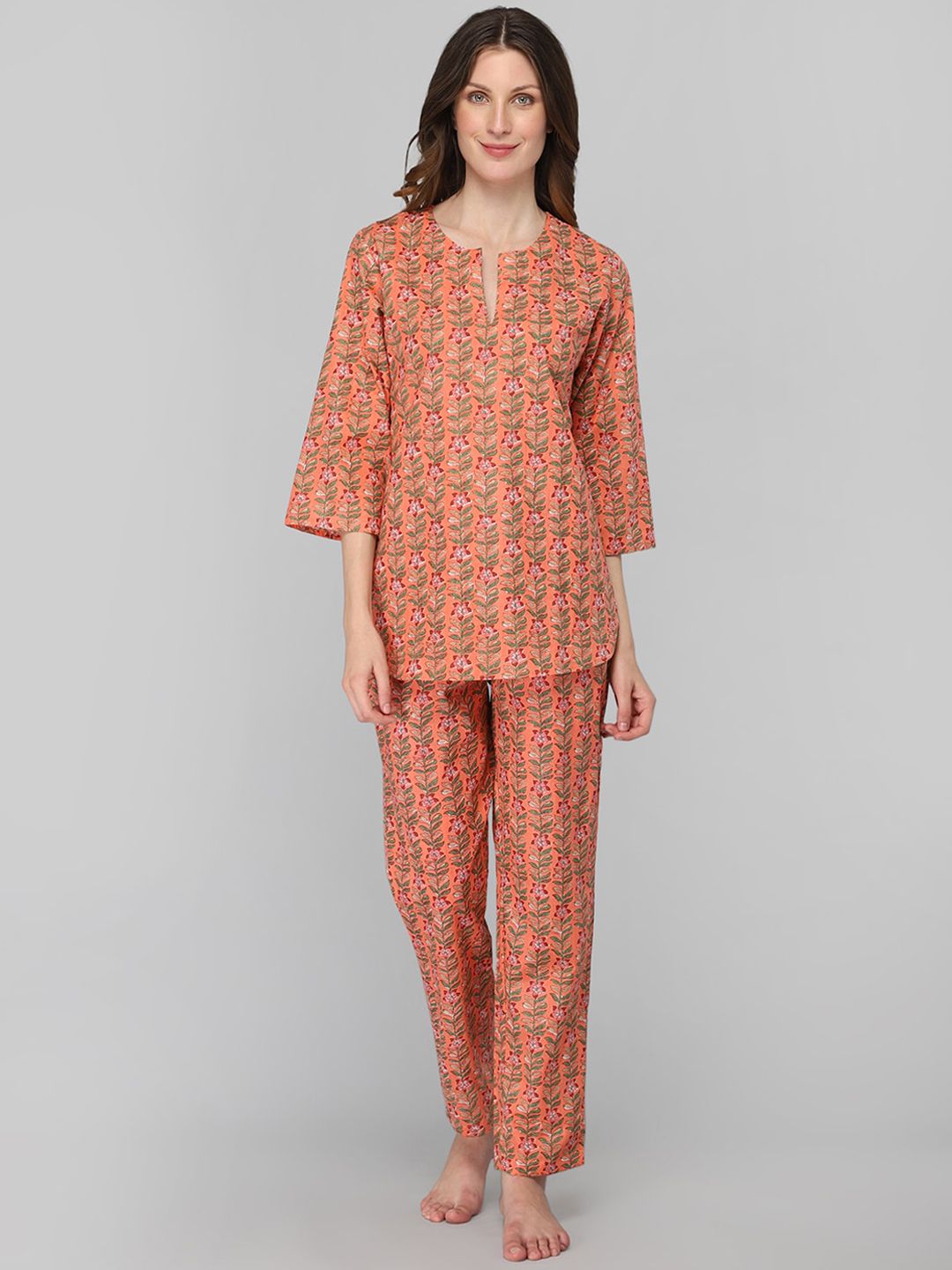 DRAPE IN VOGUE Women Orange & Green Floral Printed Night suit Price in India