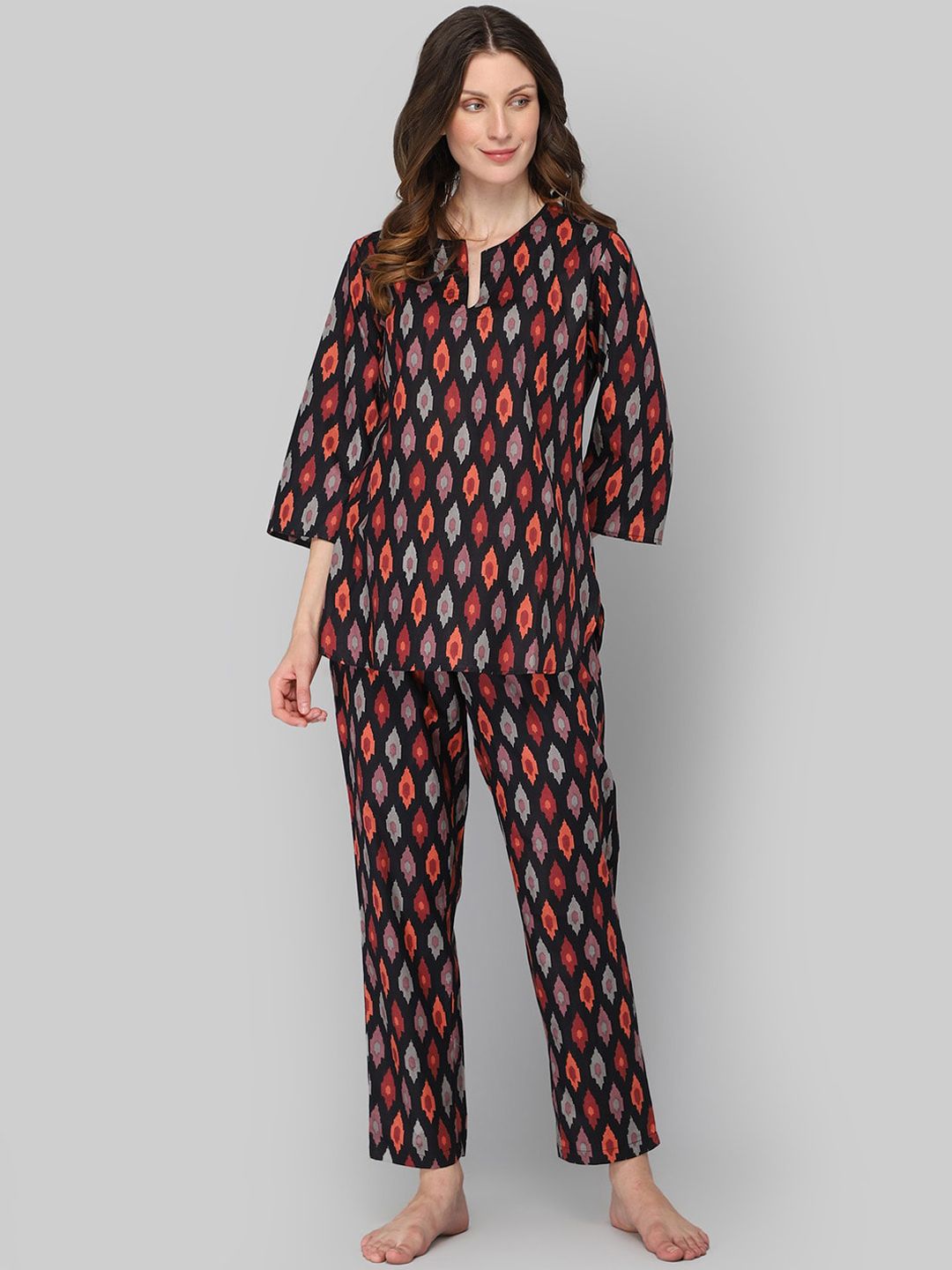 DRAPE IN VOGUE Women Black & Red Printed Pure Cotton Night Suit Price in India