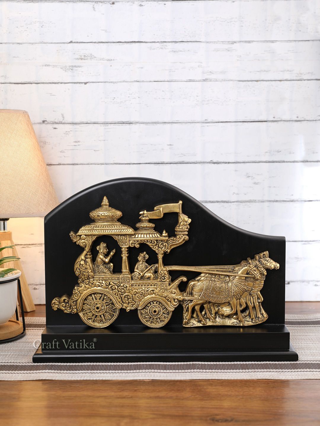 CraftVatika Black & Gold-Toned Brass Krishna Arjuna Rath With 4 Horses On Wooden Base Price in India