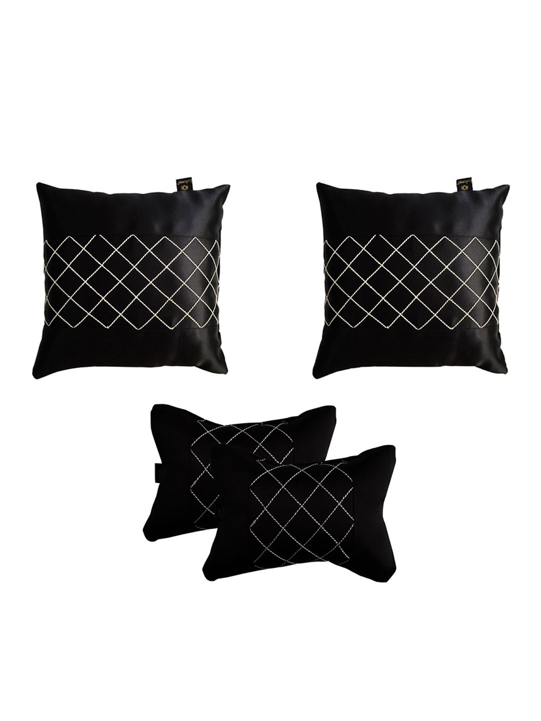 Lushomes Set of 4 Black Embroidered Car Neck Rest Pillow & Cushion Set Price in India