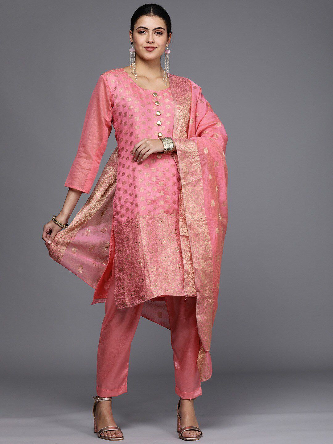 KALINI Pink & Gold-Toned Unstitched Dress Material Price in India