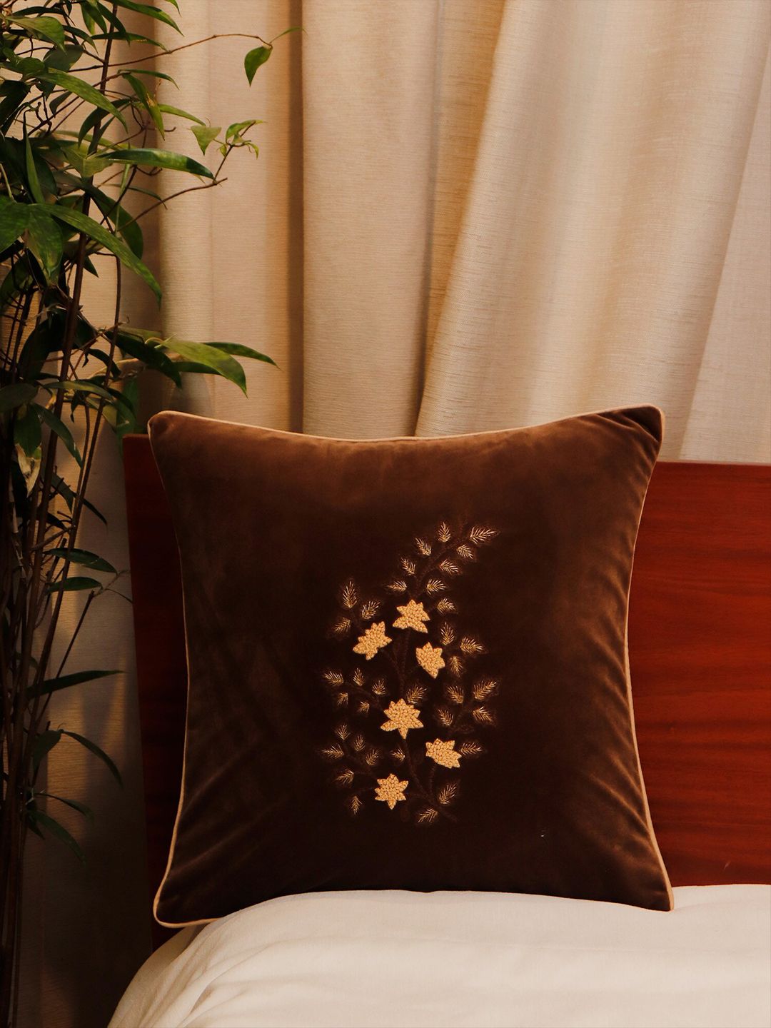 ZEBA Brown Ethnic Motifs Velvet Square Cushion Covers Price in India
