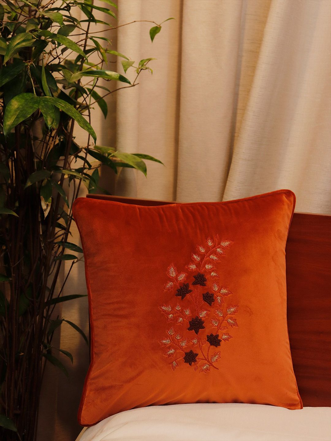 ZEBA Orange & Black Ethnic Motifs Velvet Square Cushion Covers Price in India