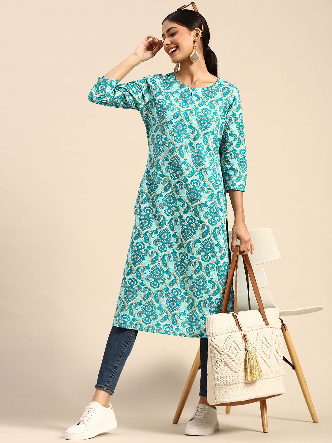 Sangria Women Teal Blue & Beige Pure Cotton Ethnic Motifs Printed Keyhole Neck Kurta