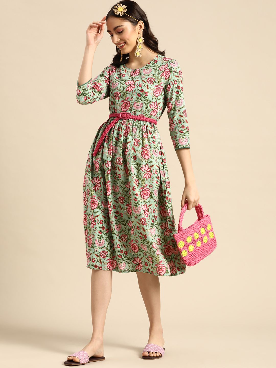 Sangria Women Green & Pink Ethnic Motif Printed A-Line Dress Price in India